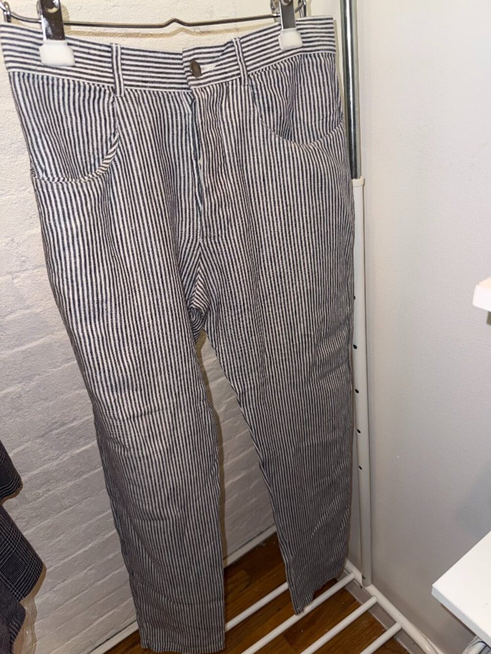 Alex Crane Mens 100% Linen Striped Pants Blue White Casual Lightweight Size 32